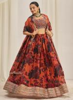 Organza Orange Party Wear Printed Lehenga Choli